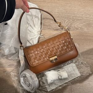NEW Michael Kors Bradshaw Woven Leather Convertible Shoulder Bag brown